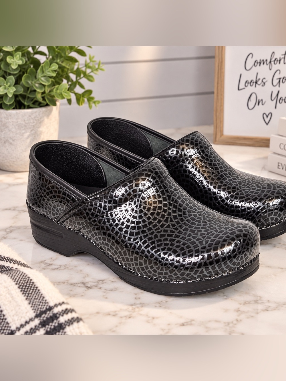 Dansko Grey Black Patent Tooled Geometric Mosaic Leather Professional Clogs